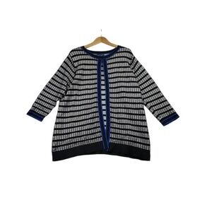 Kasper Geometric Print Sweater Cardigan Women's Petite Black White Blue‎ Size 1X